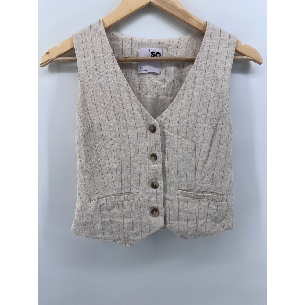 SO Pinstripe Button Down Vest Beige Tan V-Neck Sleeveless Womens XS Coastal